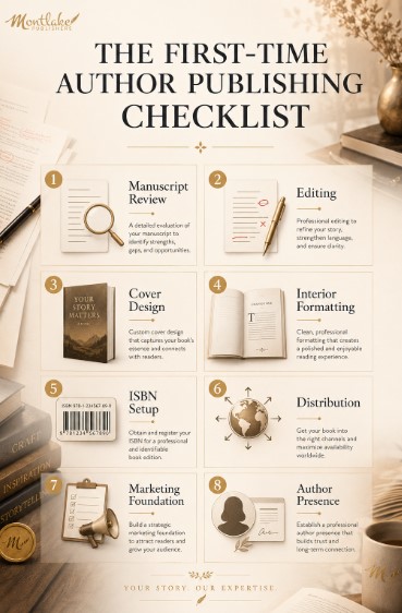 The First-Time Author Publishing Checklist infographic showing manuscript review, editing, cover design, formatting, ISBN setup, distribution, marketing, and author presence. Montlakepublishers