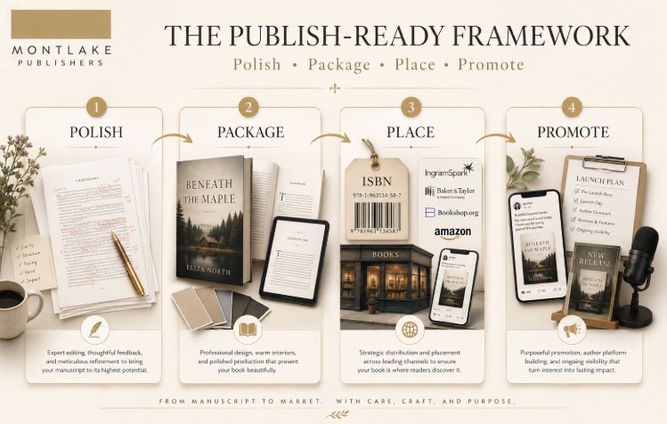 The Publish-Ready Framework infographic showing Polish, Package, Place, and Promote steps for first-time authors. Montlakepublishers